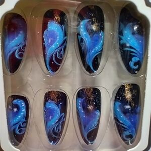 Press on nails black blue swirl design art nail set